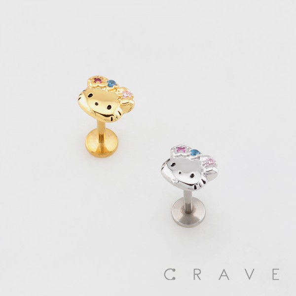 BOW RIBBON KITTY CAT THREADLESS (PUSH IN) 316L SURGICAL STEEL LABRET SET